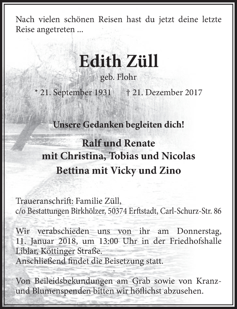  Traueranzeige für Edith Züll vom 06.01.2018 aus  Sonntags-Post 