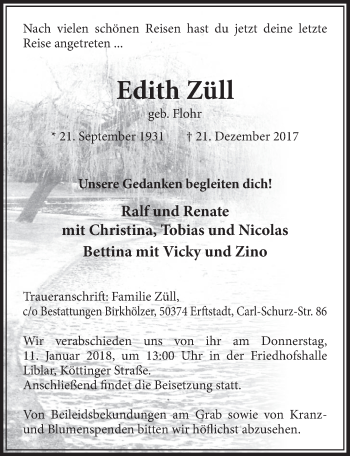 Anzeige von Edith Züll von  Sonntags-Post 