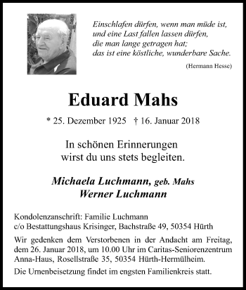 Anzeige von Eduard Mahs von Kölner Stadt-Anzeiger / Kölnische Rundschau / Express