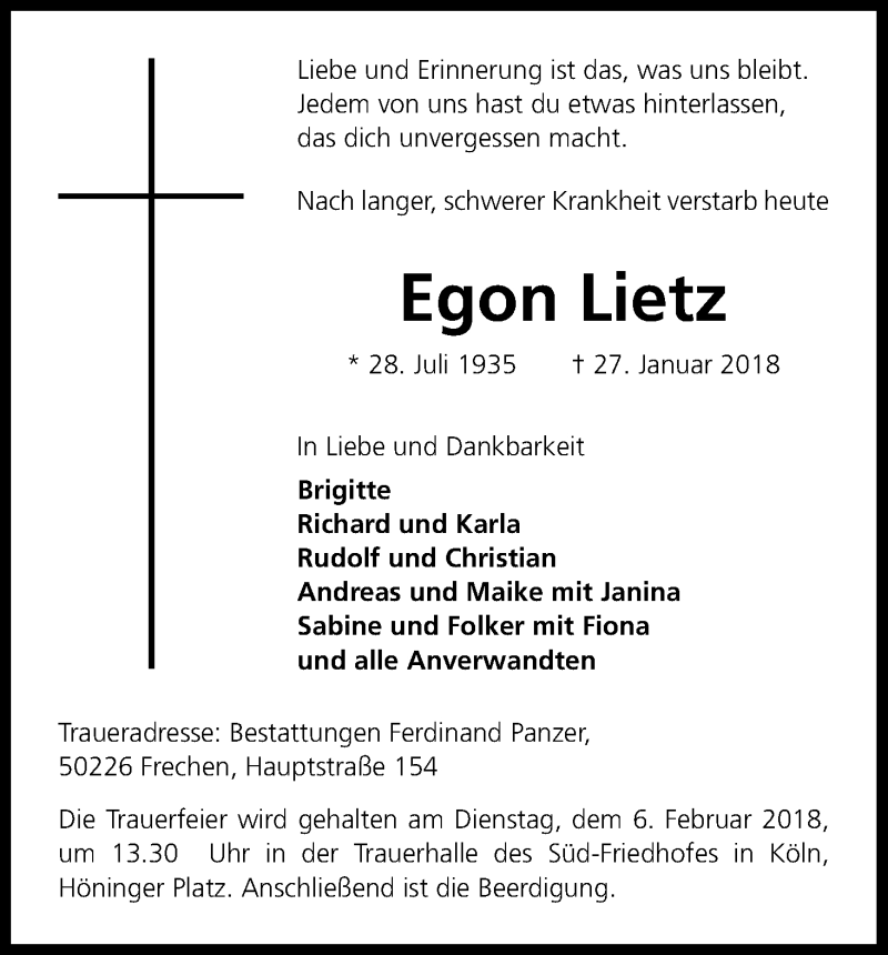  Traueranzeige für Egon Lietz vom 31.01.2018 aus Kölner Stadt-Anzeiger / Kölnische Rundschau / Express