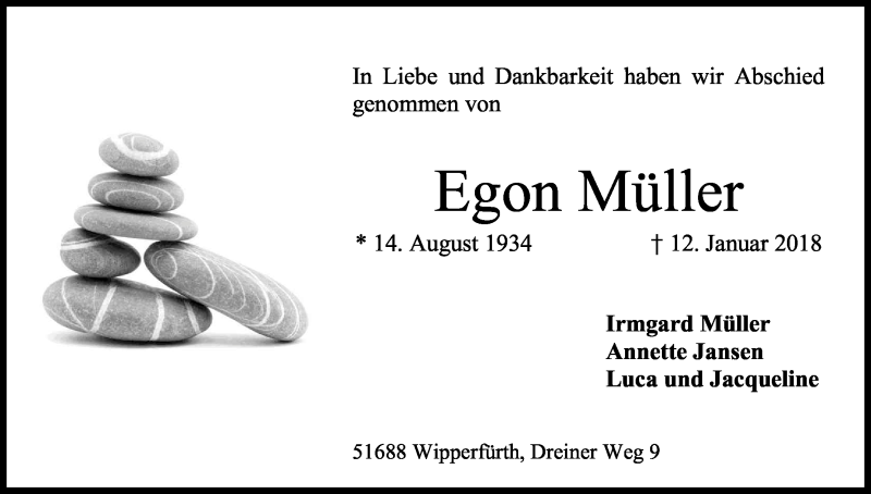  Traueranzeige für Egon Müller vom 25.01.2018 aus Kölner Stadt-Anzeiger / Kölnische Rundschau / Express