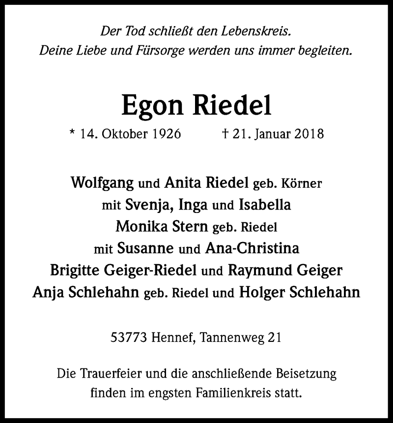  Traueranzeige für Egon Riedel vom 27.01.2018 aus Kölner Stadt-Anzeiger / Kölnische Rundschau / Express