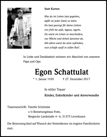 Anzeige von Egon Schattulat von Kölner Stadt-Anzeiger / Kölnische Rundschau / Express