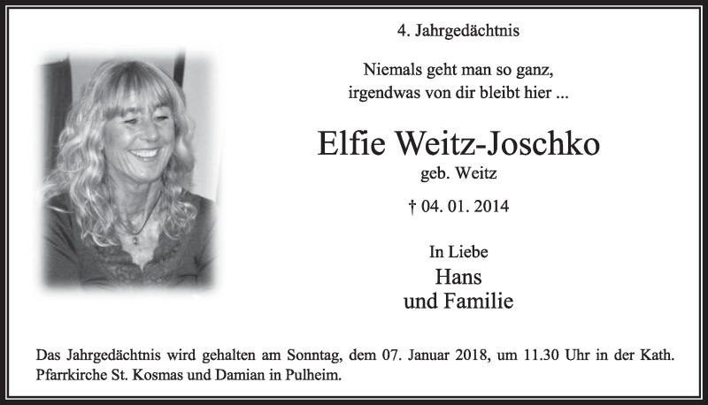  Traueranzeige für Elfie Weitz-Joschko vom 06.01.2018 aus  Sonntags-Post 