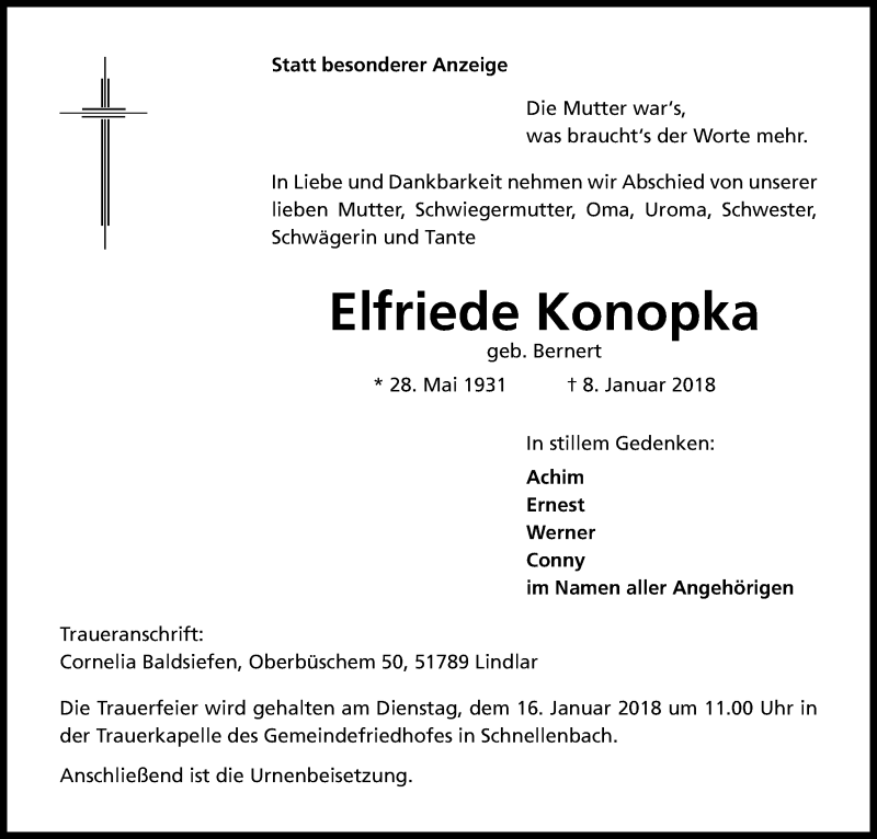  Traueranzeige für Elfriede Konopka vom 10.01.2018 aus Kölner Stadt-Anzeiger / Kölnische Rundschau / Express
