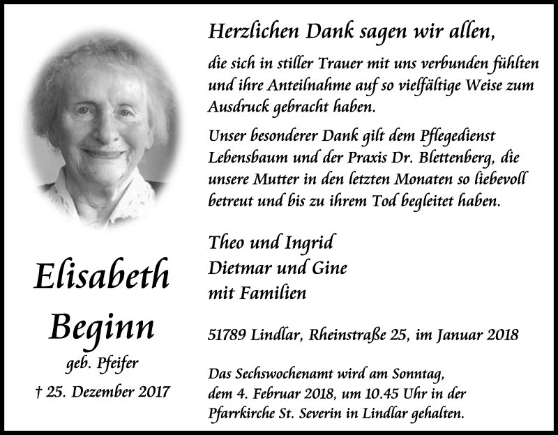  Traueranzeige für Elisabeth Beginn vom 27.01.2018 aus Kölner Stadt-Anzeiger / Kölnische Rundschau / Express