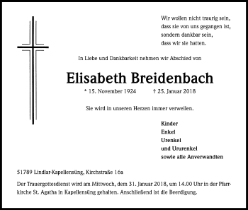 Anzeige von Elisabeth Breidenbach von Kölner Stadt-Anzeiger / Kölnische Rundschau / Express