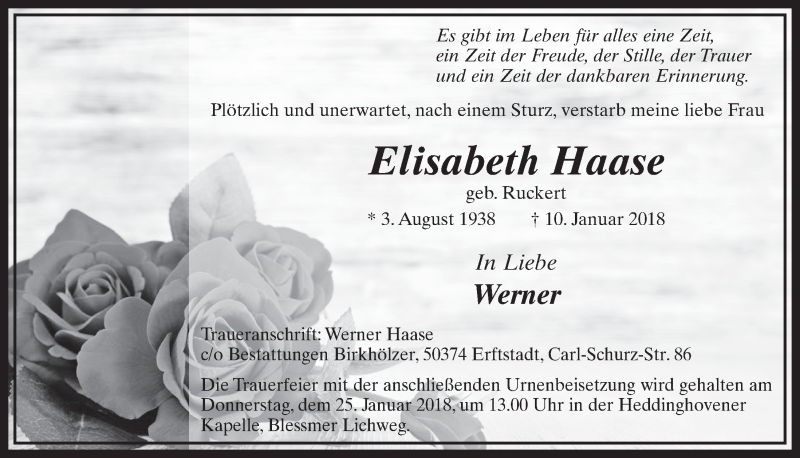  Traueranzeige für Elisabeth Haase vom 20.01.2018 aus  Sonntags-Post 