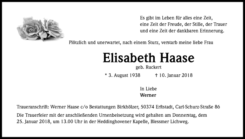  Traueranzeige für Elisabeth Haase vom 20.01.2018 aus Kölner Stadt-Anzeiger / Kölnische Rundschau / Express