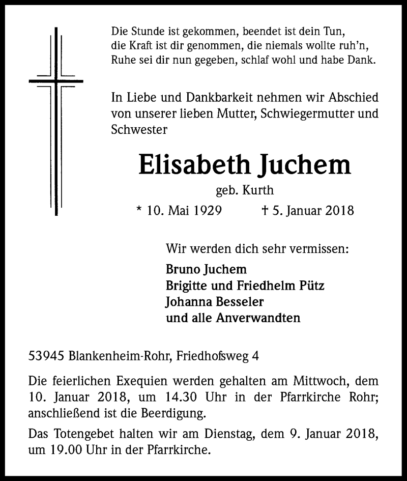  Traueranzeige für Elisabeth Juchem vom 09.01.2018 aus Kölner Stadt-Anzeiger / Kölnische Rundschau / Express