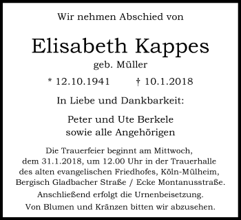 Anzeige von Elisabeth Kappes von Kölner Stadt-Anzeiger / Kölnische Rundschau / Express