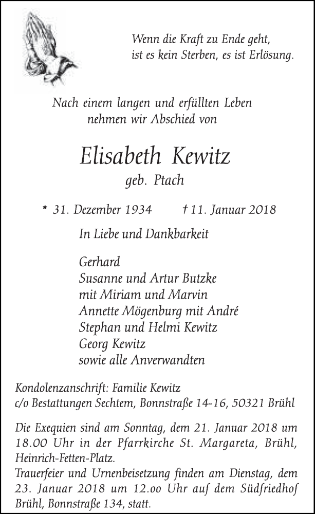  Traueranzeige für Elisabeth Kewitz vom 17.01.2018 aus  Schlossbote/Werbekurier 