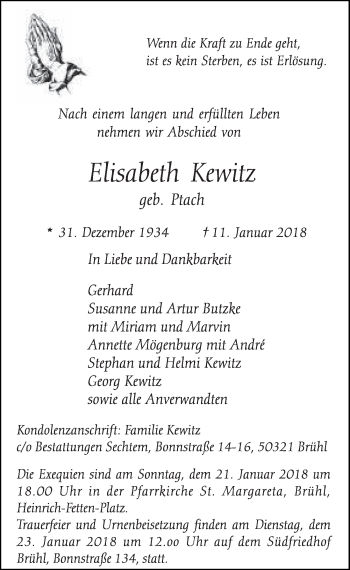 Anzeige von Elisabeth Kewitz von  Schlossbote/Werbekurier 