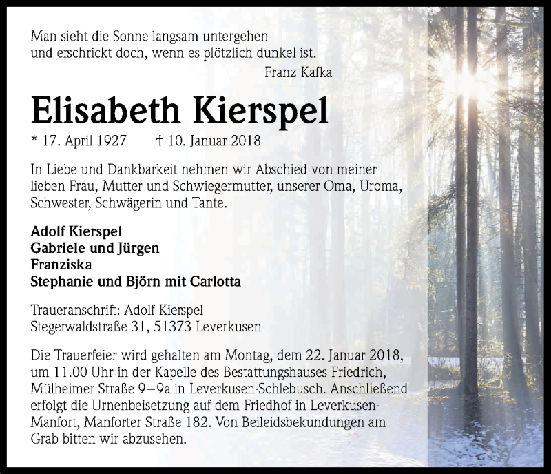  Traueranzeige für Elisabeth Kierspel vom 17.01.2018 aus Kölner Stadt-Anzeiger / Kölnische Rundschau / Express