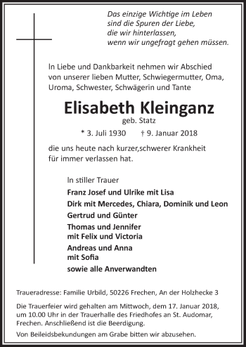 Anzeige von Elisabeth Kleinganz von  Sonntags-Post 