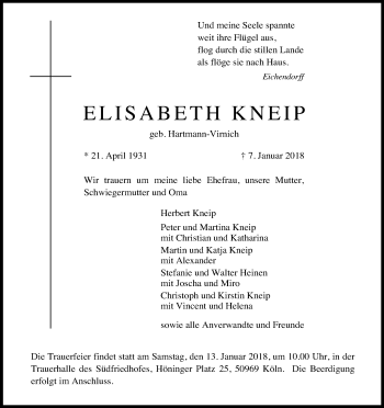 Anzeige von Elisabeth Kneip von Kölner Stadt-Anzeiger / Kölnische Rundschau / Express