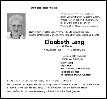 Anzeige von Elisabeth Lang von Kölner Stadt-Anzeiger / Kölnische Rundschau / Express