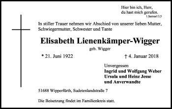 Anzeige von Elisabeth Lienenkämper-Wigger von Kölner Stadt-Anzeiger / Kölnische Rundschau / Express