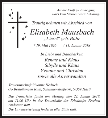 Anzeige von Elisabeth Mausbach von  Wochenende 