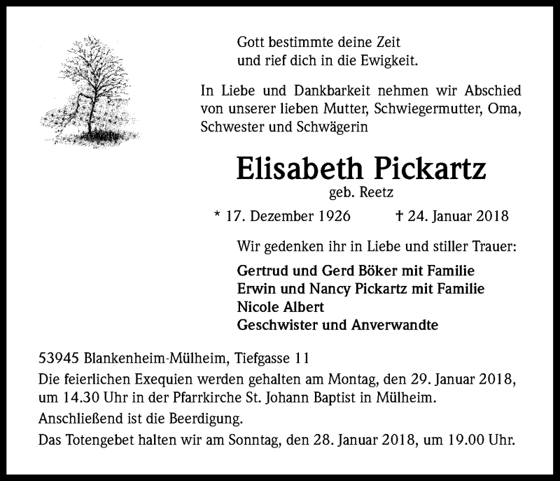  Traueranzeige für Elisabeth Pickartz vom 27.01.2018 aus Kölner Stadt-Anzeiger / Kölnische Rundschau / Express