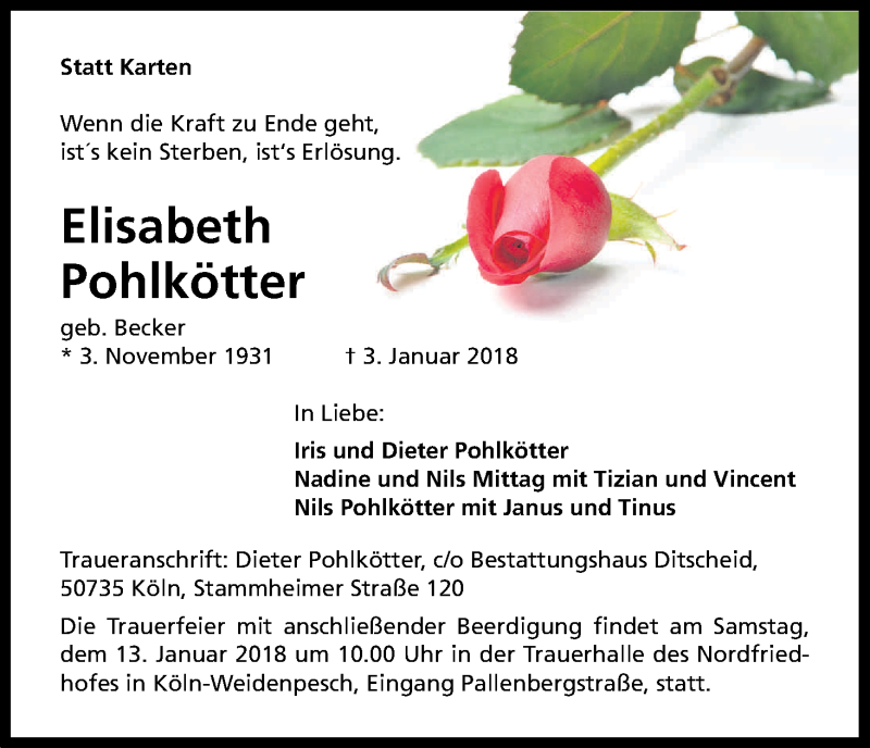  Traueranzeige für Elisabeth Pohlkötter vom 10.01.2018 aus Kölner Stadt-Anzeiger / Kölnische Rundschau / Express