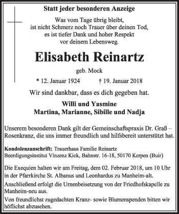 Anzeige von Elisabeth Reinartz von  Sonntags-Post 
