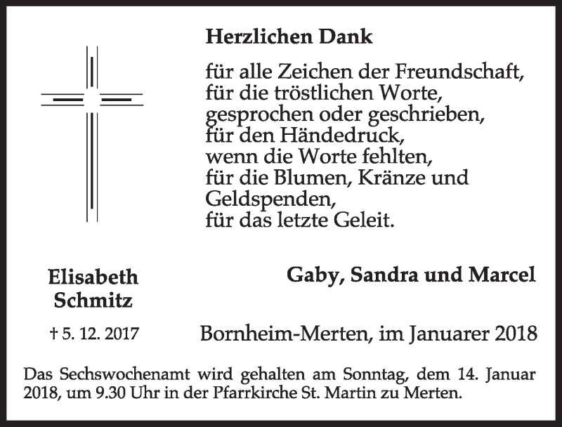  Traueranzeige für Elisabeth Schmitz vom 10.01.2018 aus  Schlossbote/Werbekurier 