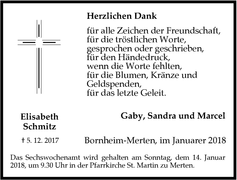  Traueranzeige für Elisabeth Schmitz vom 10.01.2018 aus  Schaufenster/Blickpunkt 
