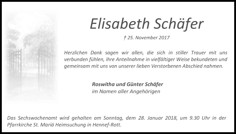  Traueranzeige für Elisabeth Schäfer vom 20.01.2018 aus Kölner Stadt-Anzeiger / Kölnische Rundschau / Express