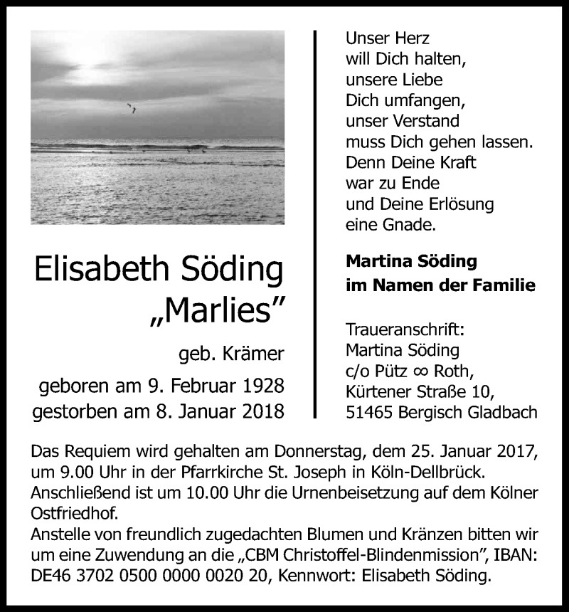  Traueranzeige für Elisabeth Söding vom 20.01.2018 aus Kölner Stadt-Anzeiger / Kölnische Rundschau / Express