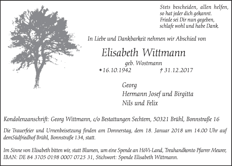  Traueranzeige für Elisabeth Wittmann vom 10.01.2018 aus  Schlossbote/Werbekurier 