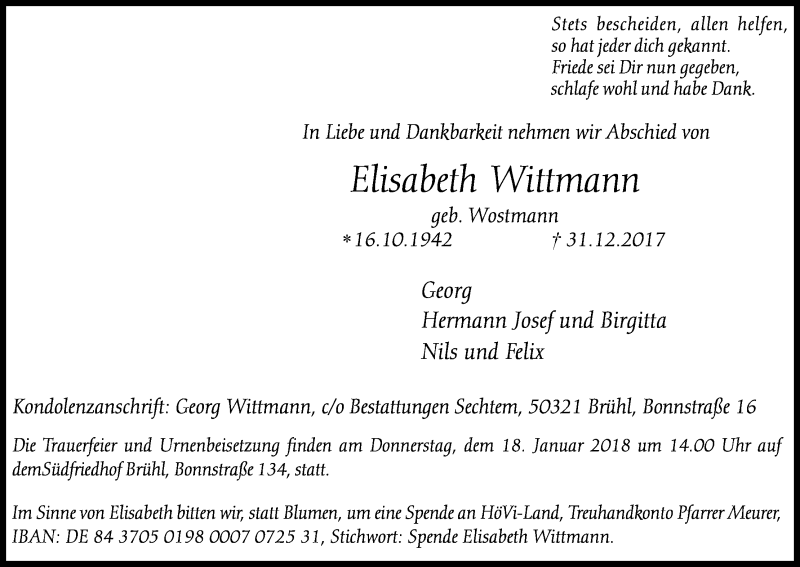  Traueranzeige für Elisabeth Wittmann vom 10.01.2018 aus Kölner Stadt-Anzeiger / Kölnische Rundschau / Express