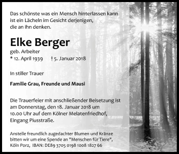 Anzeige von Elke Berger von Kölner Stadt-Anzeiger / Kölnische Rundschau / Express
