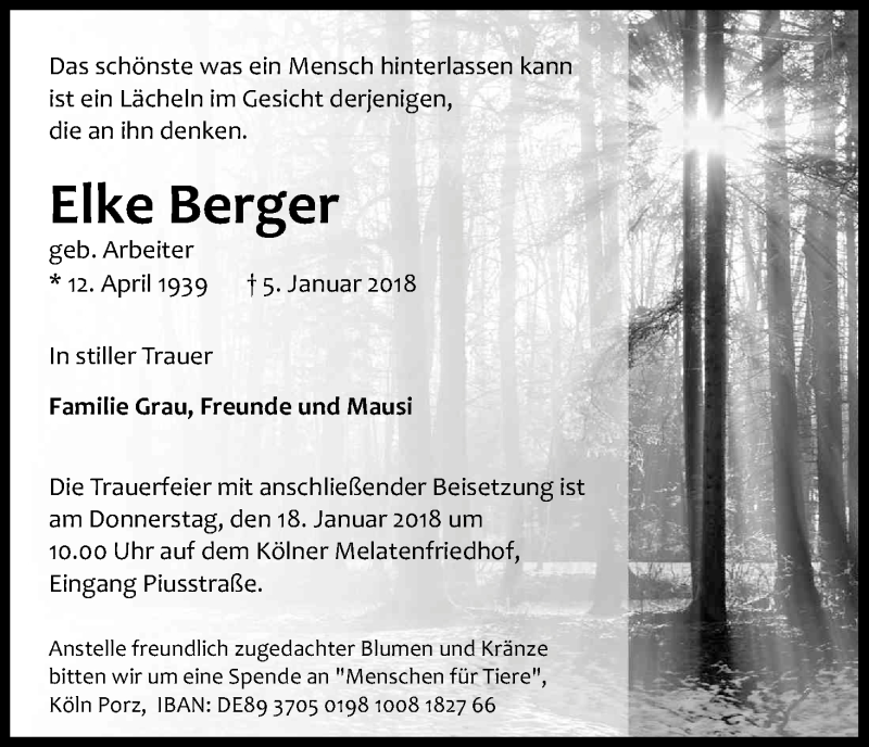  Traueranzeige für Elke Berger vom 13.01.2018 aus Kölner Stadt-Anzeiger / Kölnische Rundschau / Express