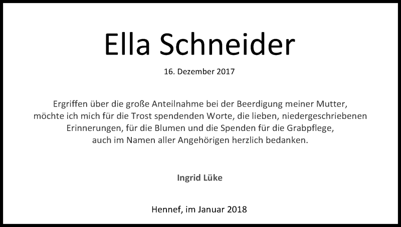  Traueranzeige für Ella Schneider vom 27.01.2018 aus Kölner Stadt-Anzeiger / Kölnische Rundschau / Express