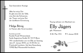 Anzeige von Elly Jägers von Kölner Stadt-Anzeiger / Kölnische Rundschau / Express