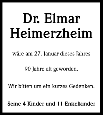 Anzeige von Elmar Heimerzheim von Kölner Stadt-Anzeiger / Kölnische Rundschau / Express