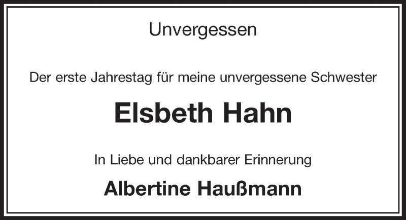  Traueranzeige für Elsbeth Hahn vom 13.01.2018 aus  Sonntags-Post 