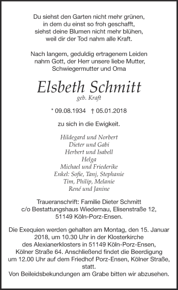 Anzeige von Elsbeth Schmitt von  Kölner Wochenspiegel 