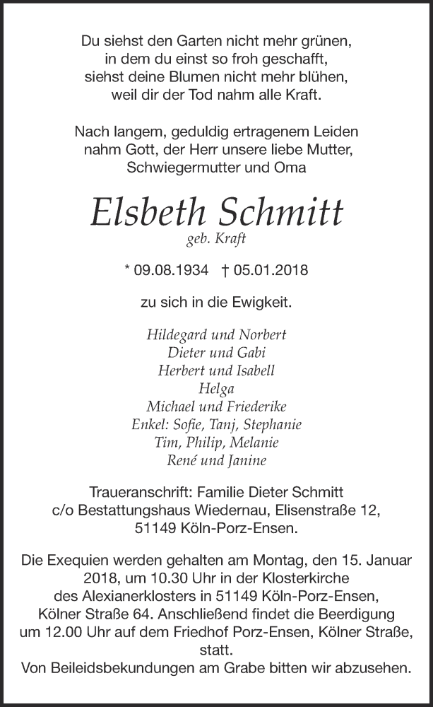  Traueranzeige für Elsbeth Schmitt vom 10.01.2018 aus  Kölner Wochenspiegel 