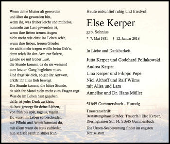 Anzeige von Else Kerper von Kölner Stadt-Anzeiger / Kölnische Rundschau / Express
