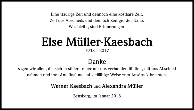  Traueranzeige für Else Müller-Kaesbach vom 20.01.2018 aus Kölner Stadt-Anzeiger / Kölnische Rundschau / Express
