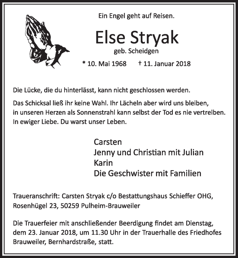  Traueranzeige für Else Stryak vom 20.01.2018 aus  Sonntags-Post 