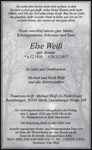 Anzeige von Else Weiß von  Schlossbote/Werbekurier 