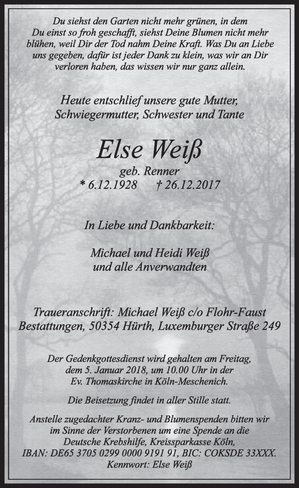  Traueranzeige für Else Weiß vom 03.01.2018 aus  Schlossbote/Werbekurier 