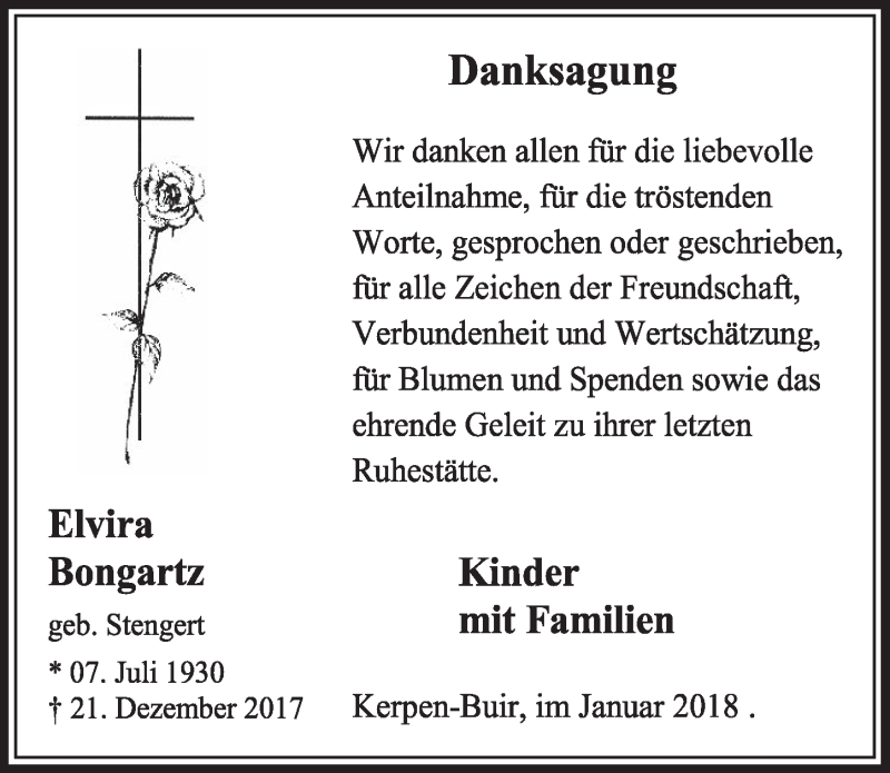  Traueranzeige für Elvira Bongartz vom 27.01.2018 aus  Sonntags-Post 