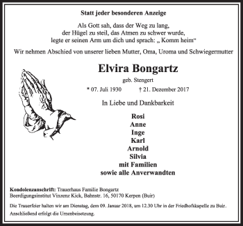 Anzeige von Elvira Bongartz von  Sonntags-Post 