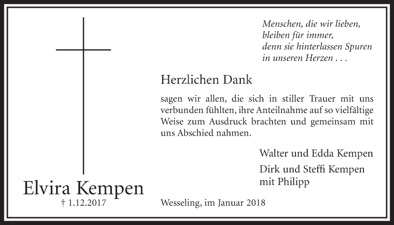  Traueranzeige für Elvira Kempen vom 10.01.2018 aus  Schlossbote/Werbekurier 