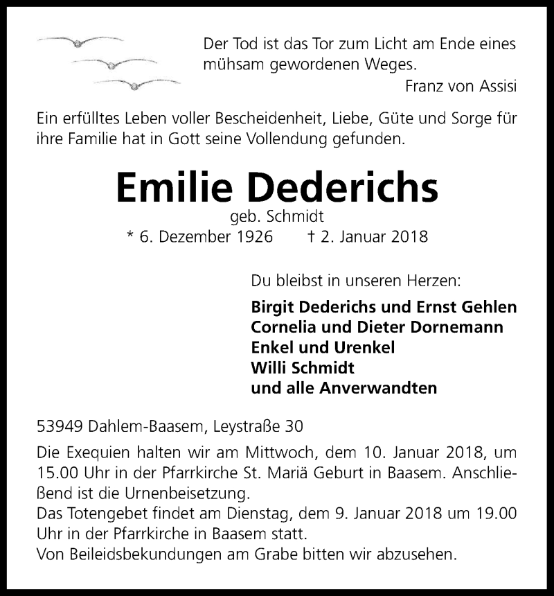  Traueranzeige für Emilie Dederichs vom 06.01.2018 aus Kölner Stadt-Anzeiger / Kölnische Rundschau / Express