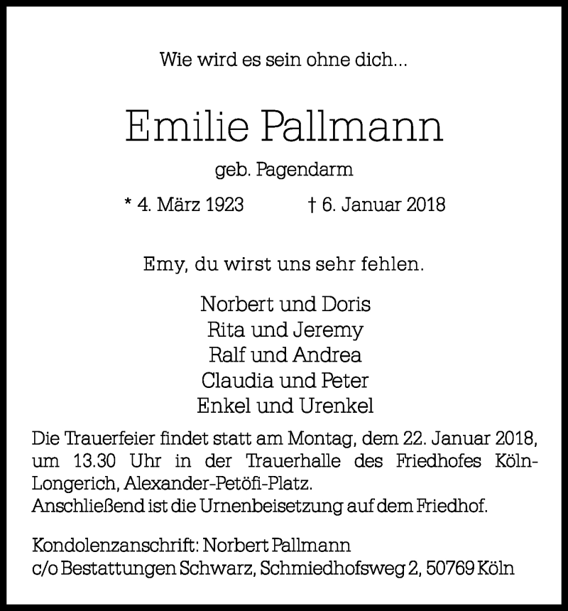  Traueranzeige für Emilie Pallmann vom 13.01.2018 aus Kölner Stadt-Anzeiger / Kölnische Rundschau / Express